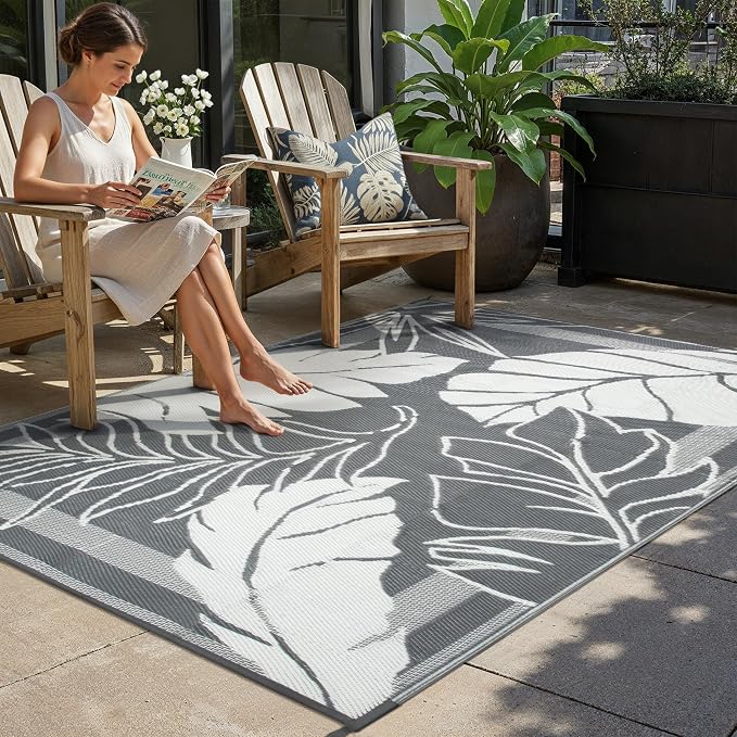 HUGEAR 6'x9' Outdoor Rug Waterproof Plastic Straw Rugs Grey Reversible Olive Leaf Mat Floor Carpet for Camping RV Deck Entryance Porch Picnic Balcony Beach Backyard