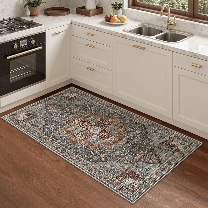 Roxstand Washable Runner Rug 2x4, Non Slip Small Rugs Grey/Brown/Tan | Low Pile Vintage Rug, Stain Resistant,Pet & Kid Friendly, Carpet for Entryway, Bedroom, Kitchen,Laundry and Bathroom
