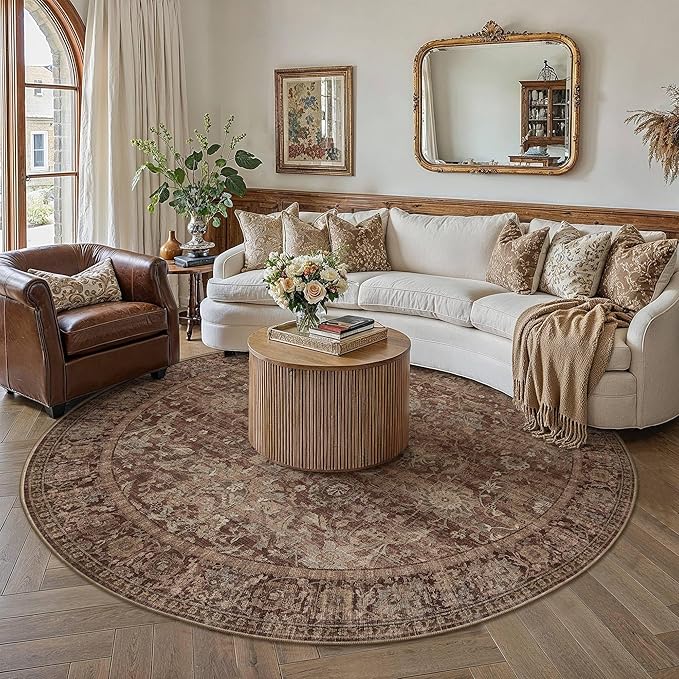 HUGEAR 6x6 Round Rugs Rust Red Washable Rug for Living Room Bedroom Large Neutral Vintage Rug Carpet Distressed Soft Durable Non Slip No Shedding for Indoor Dining Nursery Farmhouse