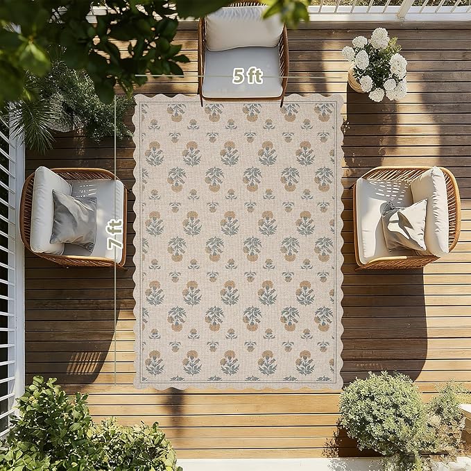 ORTIGIA Scalloped Easy Jute 5x7 Area Rug Vintage Yellow Floral Farmhouse Washable Rug Non-Slip Indoor Outdoor Carpet for Living Room Bedroom Patio Entryway