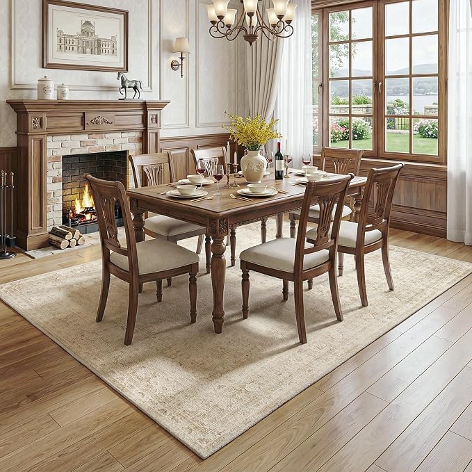 FMFUNCTEX 5x7 Washable Area Rug Beige Neutral Vintage Distressed Oriental Large Non Slip Carpet for Living Room Bedroom Traditional Retro Soft Low Pile Indoor Rugs for Dining Room Office Nursery