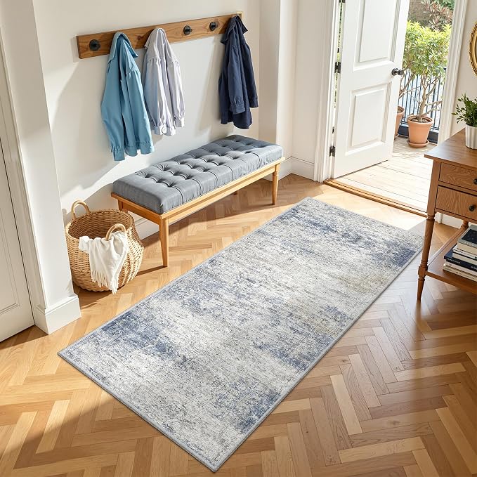3x6 Runner Rug Non Slip,Washable Hallway Runner Rug,Blue | Neutral Rugs for Kitchen,Entryway,Bedroom,Bathroom,Nursery Room,Thin,Soft Runner Rug,Stain Resistant Indoor Carpet