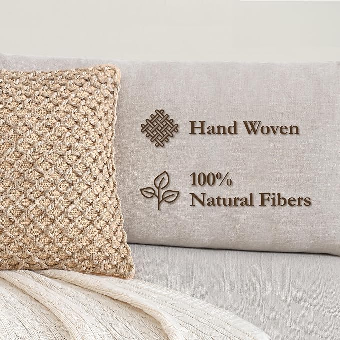 Boho Living Jada Decorative Throw, Includes Accent Insert, Premium Woven Design, Living Room Décor, (2) 20" x 20" Pillow Covers, Beige 2 Count
