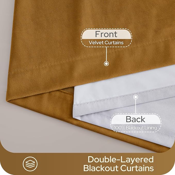 HOMEIDEAS 100% Blackout Gold Velvet Curtains, Thermal Insulated Luxury Vintage Winter Christmas Velvet Drapes for Bedroom, Living Room, Home Decor, 52 x 108 Inch, 2 Panels