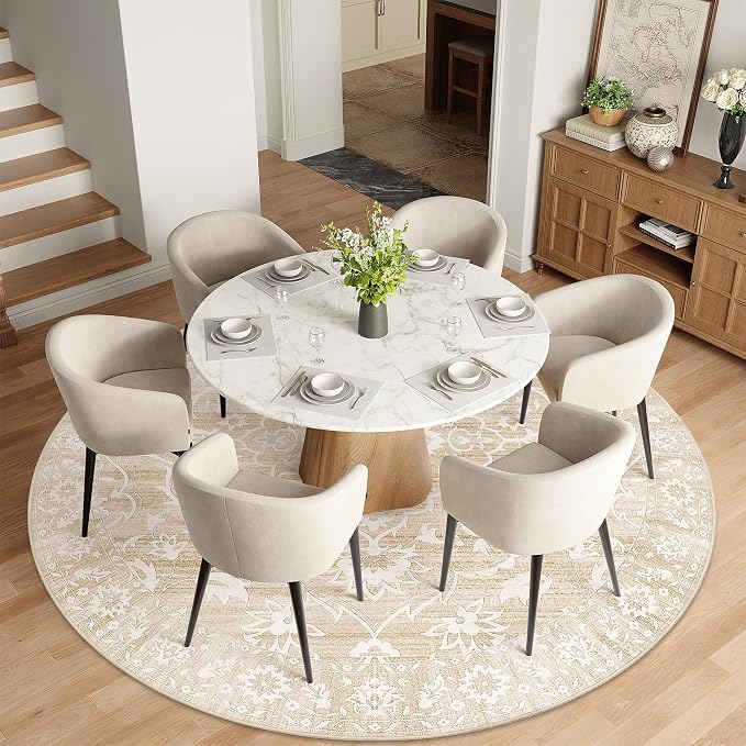Soalmost Washable Round Rug 9ft for Living Room, Soft Circle Area Rug Beige | Vintage Floral Ultra-Thin Non-Slip Rugs, 9x9 Round Throw Carpet for Dining Room Nursery Bedroom Kitchen 9'Round