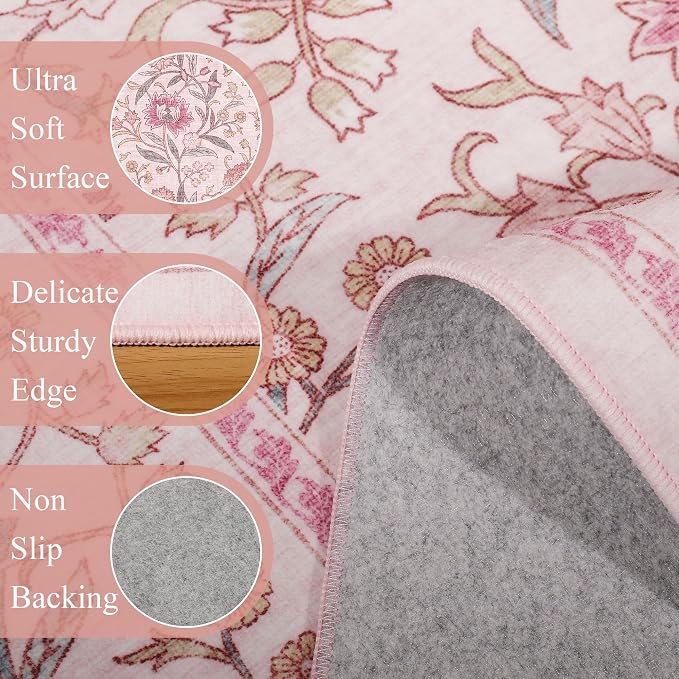 DUKINO 2x3 Rug, Washable Vintage Floral Bathroom Rugs Non Slip, Pink | Low Pile, Stain Resistant Boho Soft Indoor Door Mat, Small Front Door Carpet for Entryway Kitchen Laundry Bedroom Farmhouse