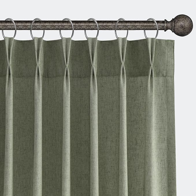 Aersas Light Sage Linen Pinch Pleat Curtains 102 Inches for Living Room Bedroom Light Filtering Sliding Glass Door Drapes Semi Sheer Privacy Flax Curtain Farmhouse Boho Home Decorations 40x102