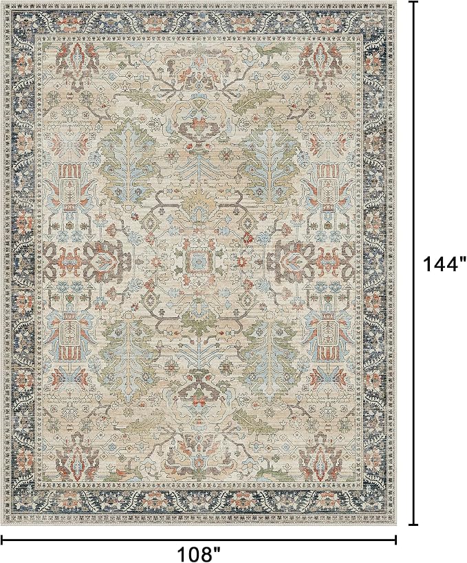 Bavni Area Rugs 9x12 Living Room Clearance Washable Large Carpet for Bedroom Non-Slip, Ultra Thin Low Pile Modern Printed Decorative Rug for Dinning Room Office, Ivory/Teal