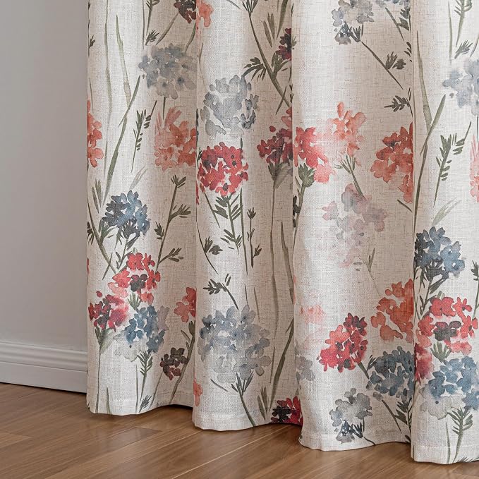 MYSKY HOME Floor to Ceiling Linen Floral Curtains 102 Inch Length 2 Panels Semi Sheer Light Filtering Farmhouse Flower Printed Window Grommet Drapes for Dining Room, 52" W Each Panel, Red