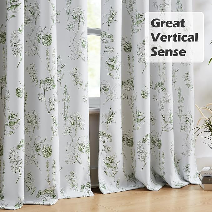 FMFUNCTEX 100% Blackout Green Floral Curtains 96 Inch Back Tab 2 Panels | Black Out Drapes, Thermal Insulated Cottage Farmhouse, Lichi Patterned Extra Long Curtain for Bedroom, Living Room Darkening