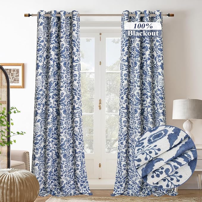 DriftAway Julia 100% Blackout Curtains Grommet 2 Panels, W52xL96, Navy | Floral Curtains, Bedroom, Living Room, Linen Blend, Watercolor Pattern, 2 Layers, Thermal Insulated, Window Treatment