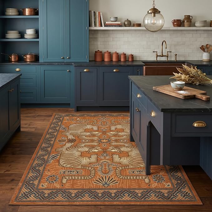 GarveeHome 3x5 Tiger Washable Area Rug for Entryway, Boho Terracotta Bedroom Rug Non Slip Low Pile Vintage Tribal Carpet Stain Resistant Throw Rug for Kitchen Dorm Kids Room Office Dining Room