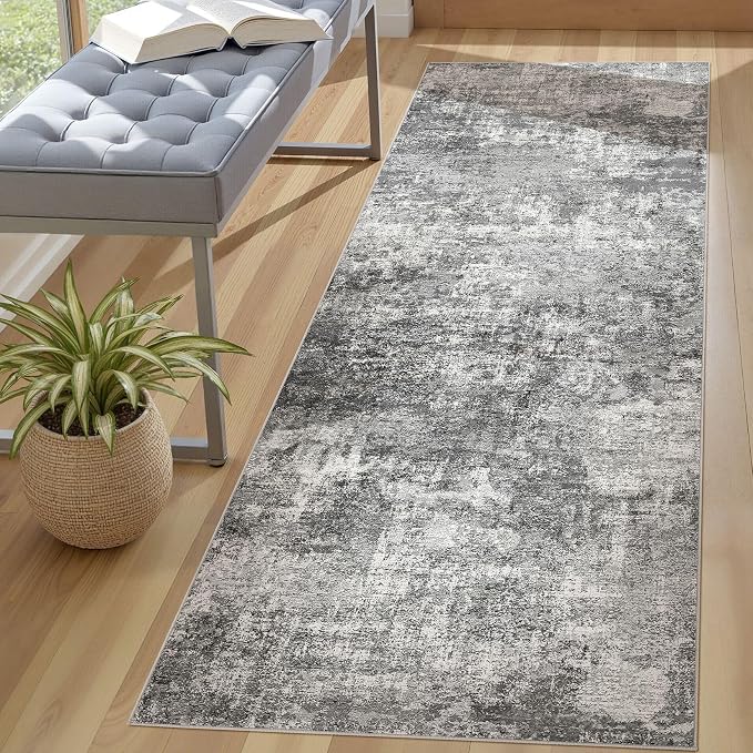 DMOYEST 3x8 Washable Runner Rug, Non Slip Low Pile Carpet Runner for Hallway and Entryway, Kid & Pet Friendly Abstract Modern Area Rug for Kitchen and Dining Room - Grey
