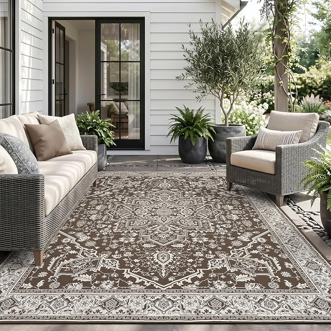 AMOAMI-Outdoor Rug-Patio Rug 8x10 ft Quick Dry Flatweave Textured Machine Washable Outdoor Carpet with Rubber Particles Backing Vintage Outdoor Area Rug for Patio Deck Front Porch Balcony Brown