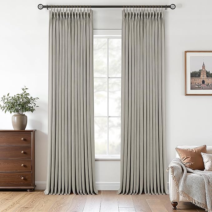 Taupe Linen Curtains 102 Inch Length 2 Panels Set Semi Sheer Light Filtering Privacy Window Drapes for Living Room Dark Flax Viral Pinch Pleated Curtains 102 Inches with Hooks Rings Burlywood Birch