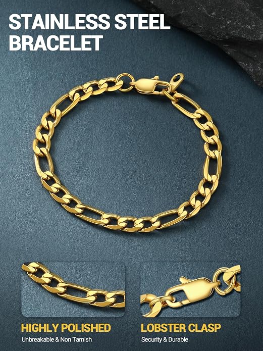 PROSTEEL Silver/Gold/Black Bracelets for Men Figaro Cuban Link, 6mm-13mm Width, 7.5"/8.3"/9" Length, Stainless Steel Mens Bracelet Jewelry with Gift Box