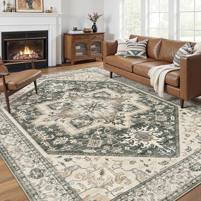 10x14 Area Rug for Living Room- Machine Washable Soft Oriental Vintage Large Indoor Floor Carpet for Bedroom Under Dining Table Home Office Decor - Vintage Green