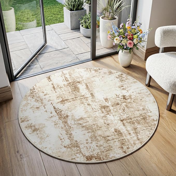 FMFUNCTEX 3ft Round Washable Area Rug Brown Beige Abstract Modern Neutral Small Non Slip Carpet for Living Room Bedroom Soft Low Pile Indoor Mat Retro Thin Throw Rug for Entryway Bathroom Bedside