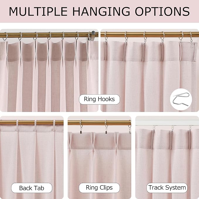 Vision Home Soft Pink Pinch Pleated Semi Sheer Curtains Textured Linen Blended Light Filtering Window Curtains 63 inch for Living Room Bedroom Pinch Pleat Drapes with Hooks 2 Panels 40" Wx63 L
