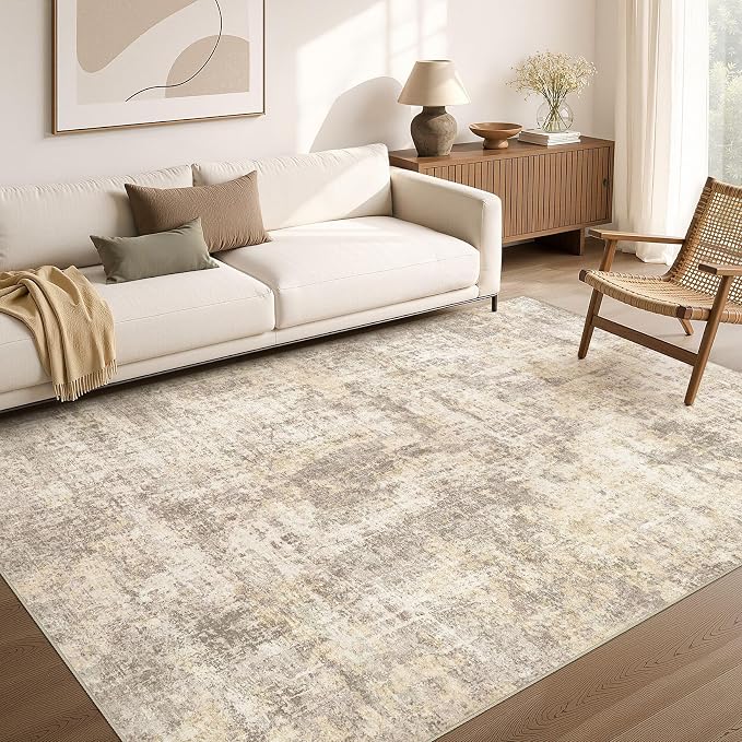 cotiled Washable Area Rug 5x7, Non-Slip Soft Neutral Rug for Living Room | Modern Abstract Carpet, Stain Resistant and Kid & Pet Friendly, Ideal For Bedroom, Dining Room, Nursery, Home Office - Beige