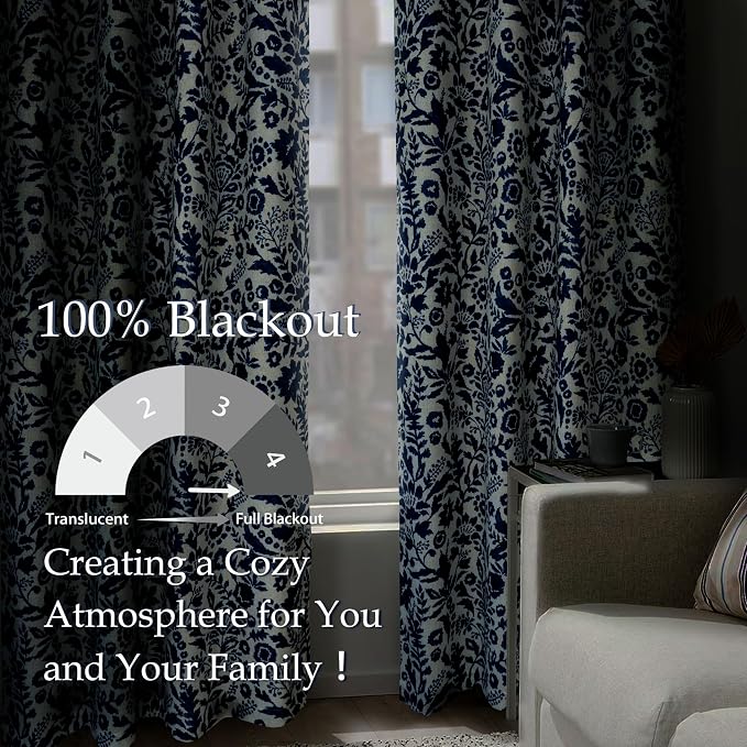 DriftAway Julia 100% Blackout Curtains Grommet 2 Panels, W52xL84, Navy | Floral Curtains, Bedroom, Living Room, Linen Blend, Watercolor Pattern, 2 Layers, Thermal Insulated, Window Treatment