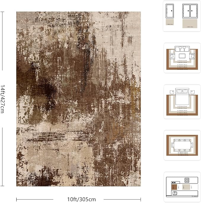 10x14 Area Rugs - Modern Abstract Washable Rug, Ultra Soft Non Slip Low Pile Large Brown Rugs for Living Room, Floor Carpet for Bedroom Dining Room Office Laundry Nursery Home