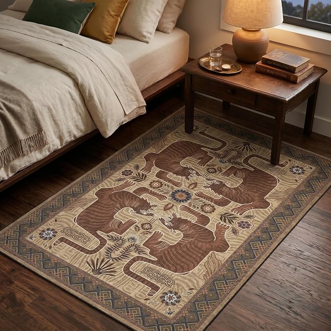 GarveeHome 3x5 Tiger Washable Area Rug for Entryway, Boho Bedroom Rug Non Slip Vintage Tribal Soft Animal Print Carpet Stain Resistant Throw Rug for Kitchen Dorm Kids Room Office Dining Room