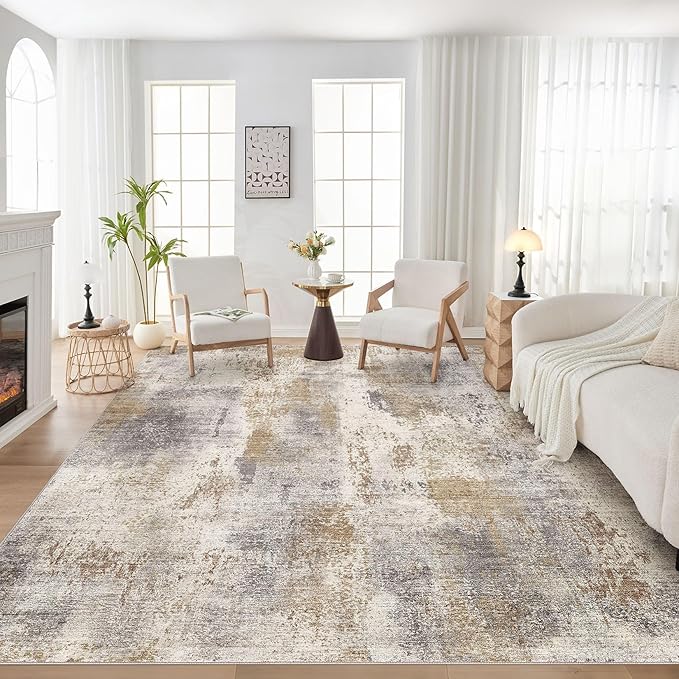 DMOYEST Area Rug Living Room Rugs - 8x10 Washable Large Soft Indoor Neutral Modern Abstract Low Pile Rug Carpet for Bedroom Dining Room Farmhouse Home Office - Brown Grey