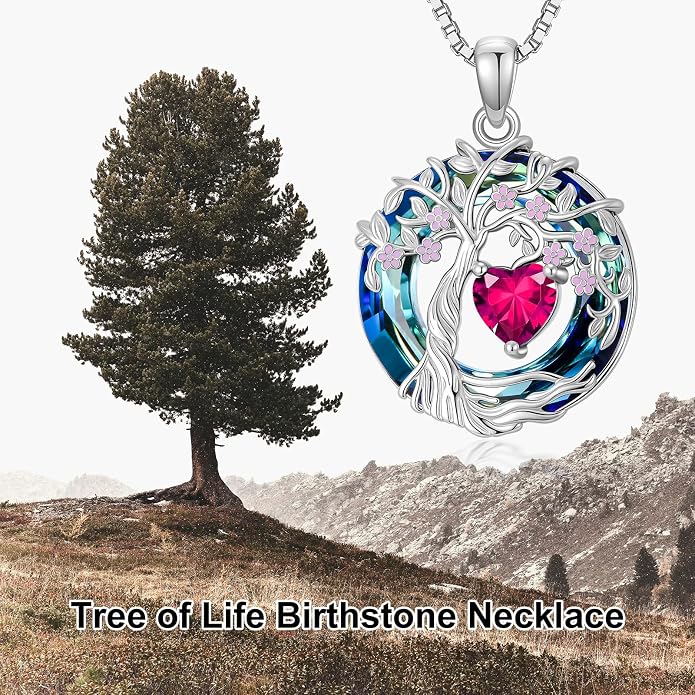 Tree of Life Birthstone Necklace 925 Sterling Silver Crystal Tree of Life Pendant Birthstone Jewelry Birthday Christmas Gifts for Women Mom Her Wife
