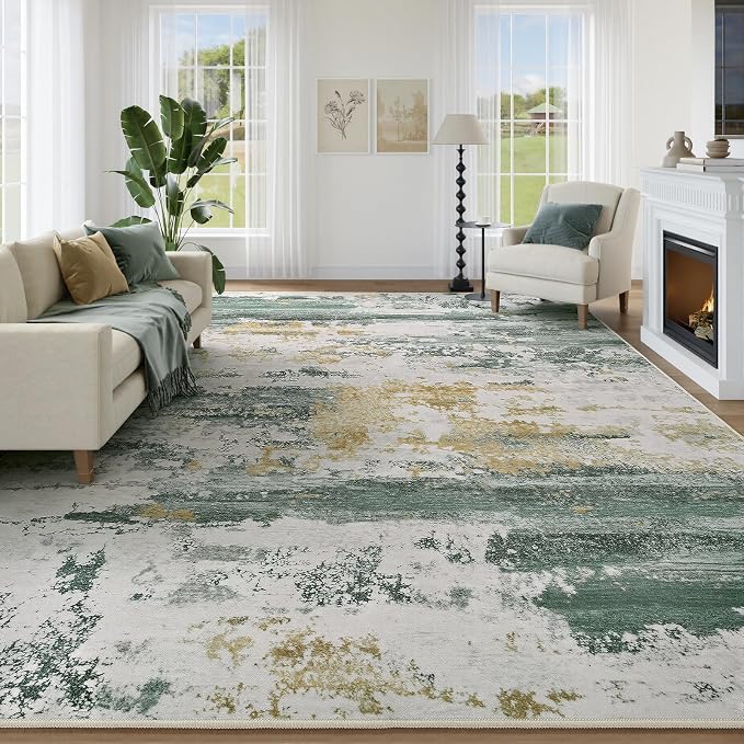 Kelarea Washable Area Rug for Living Room, 6x9 Non Slip Modern Abstract Green Rugs, Easy Clearning Low Pile Large Carpet for Bedroom, Dining Room, Nursery, Office