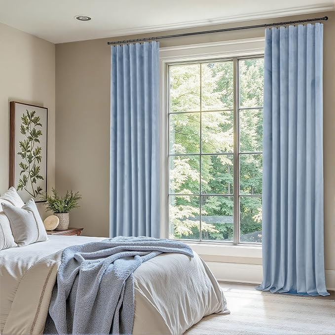 Dusty Blue Velvet Drapes for Baby Boy Bedroom 96 Inches Long 2 Panel Thermal Insulated Light Blocking Floor Length Slate Stone Blue Velvet Curtains for Modern Home Decor Back Tab Pocket Greyish Blue