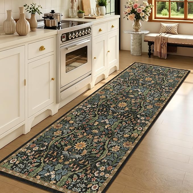 3x7 Washable Runner Rug,Black Brown Floral Boho Area Rug for Hallway,Low-Pile Non-Slip Stain Resistant Carpet for Kitchen, Bedside,Laundry Room,Entryway