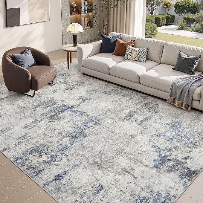 DMOYEST 9x12 Area Rug for Living Room, Washable & Non Slip Large Indoor Carpet, Kid & Pet Friendly Soft Thin Low Pile Abstract Rug for Bedroom and Office - Grey Blue