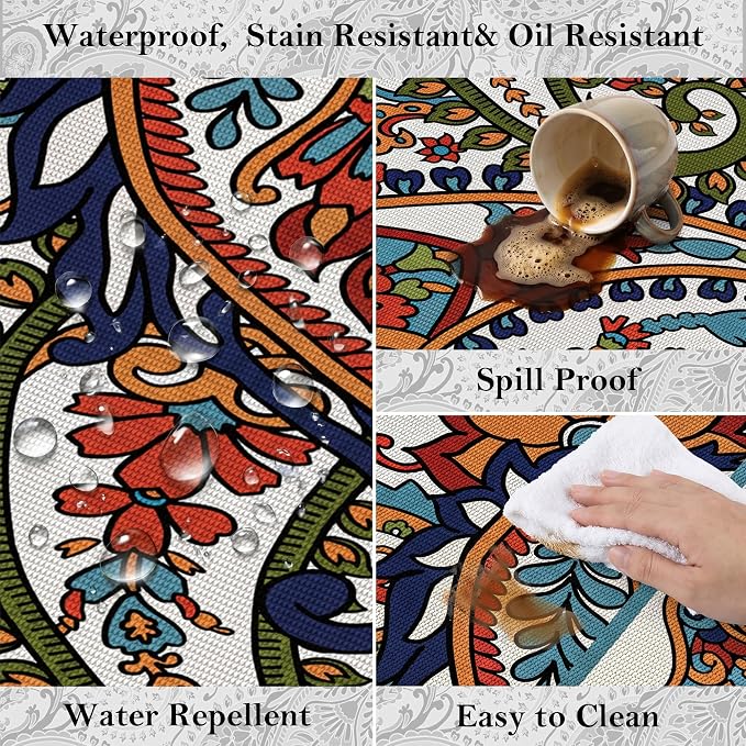 Arenarug Paisley Outdoor Rug Waterproof 5x8, UV Resistant Non Slip Patio Rug, Indoor Outdoor Boho Camping Rug Linen-Look RV Carpet for Deck Balcony Backyard, White Multi
