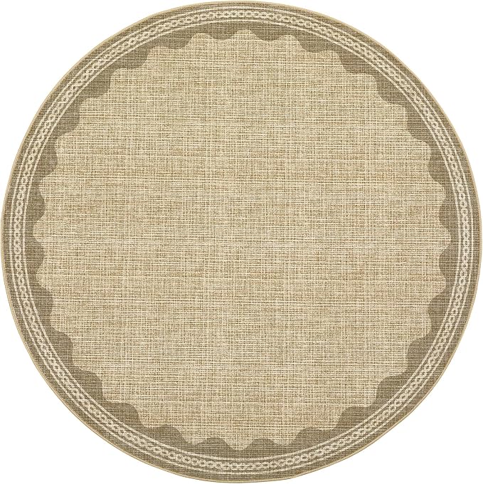 GarveeHome Scalloped Jute Print 6 ft Round Rug Washable Non-Slip Soft Ultra-Thin Small Modern Cottage Core Solid Tan Circle Carpet for Kitchen Bedroom Nursery Dining Room Tan
