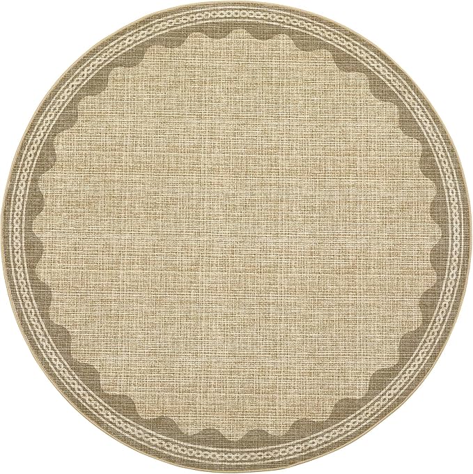 GarveeHome Scalloped Jute Print 4 ft Round Rug Washable Non-Slip Soft Ultra-Thin Small Circle Modern Cottage Core Solid Tan Carpet for Entryway Kitchen Bedroom Nursery Dining Room Tan