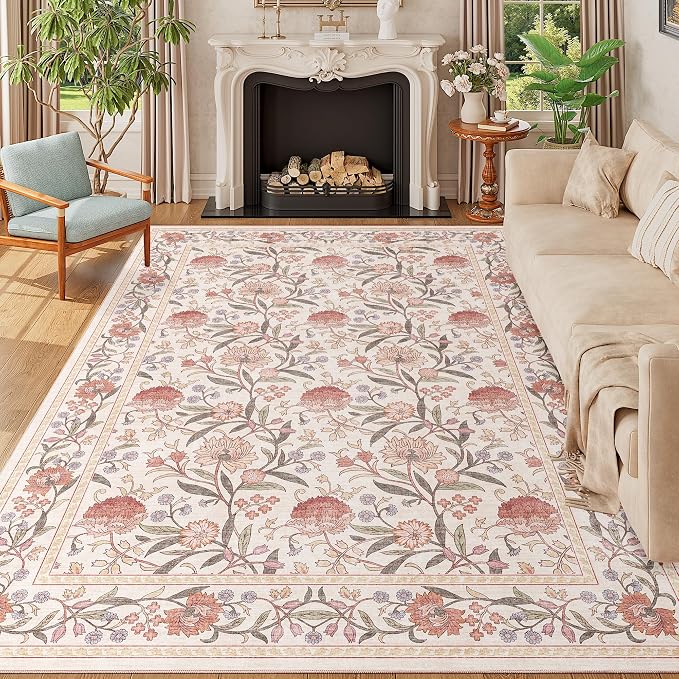 DUKINO 6x9 Area Rug Vintage Floral Washable Rugs for Living Room Beige Pink | Non Slip, Low Pile, Non-Shedding, Stain Resistant Soft Large Carpet for Bedroom Home Office Dining Room Farmhouse, Home Decor