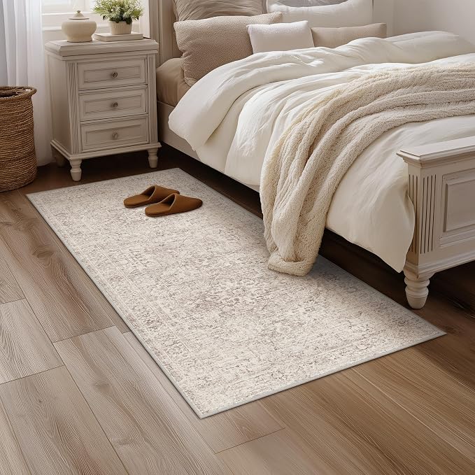 Fmfunctex 2x6 Hallway Runner Rug Beige Vintage Neutral Washable Distressed Non Slip Low Pile Traditional Indoor Carpet Soft Retro Entryway Rug for Kitchen Living Room Bedroom Bathroom Laundry Entrance