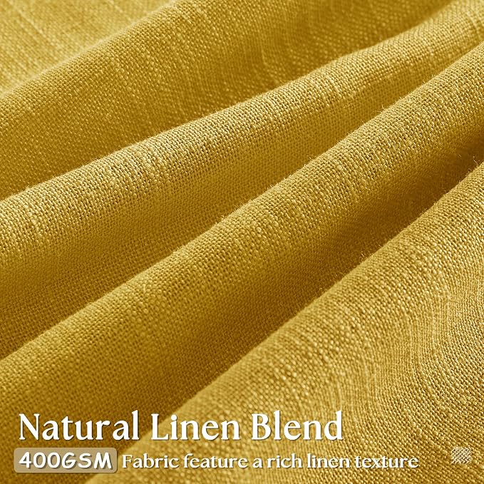 Mustard Yellow Pleated Semi Sheer Linen Curtains 102 Inches Long 2 Panel | for Living Room Bedroom Sliding Patio Door, Pinch Pleated Drape with Hooks Rings for Track System, Light Filtering, Farmhouse