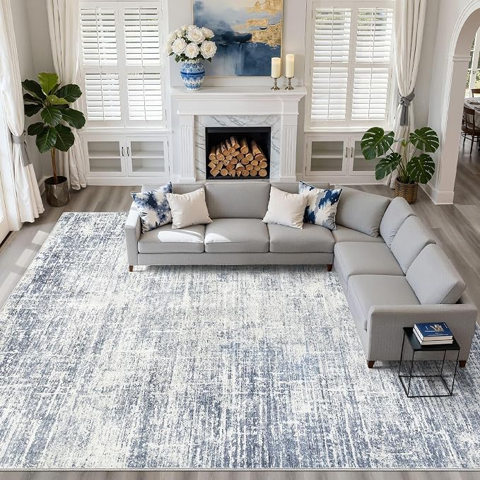 12x15 Area Rug Living Room: Washable Large Neutral Blue Rugs Abstract Soft Modern Stain Resistant Indoor Floor Non-Slip Carpet for Bedroom Nursery Kids Office Playroom Dining Room Under Table Home