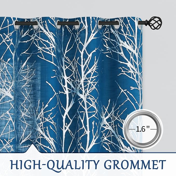 FMFUNCTEX Linen Silver Navy Blue Semi Sheer Print Curtains 96 Inch 2 Panels | Metallic Branch Sheer Patterned Drapes, Light Filtering Grommet Panels for Modern Farmhouse Bedroom and Living Room Style