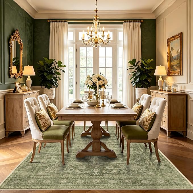 Living Room Rug, Vintage Medallion 6x9 Area Rugs for Dining Room and Bedroom, Washable Low Pile Sage Green Rug with Non-Slip Silicone Backing, Non-Shedding Stain Resistant