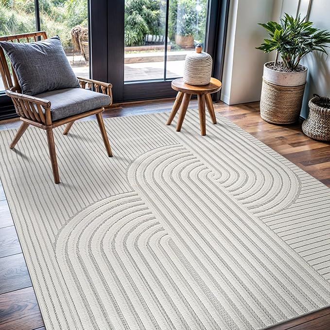 CAMILSON Modern Rug 4x6 Luxury Swirl Curved Micro Loop Area Rugs Soft High-Low Pile Stain Resistant Easy to Clean Non-Shedding Durable Living Room Office Indoor Carpet (White)