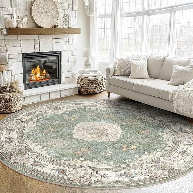 MUJOO Green Round Rug 9ft,Circle Washable Area Rug Non Slip Floral | Large Circular Rugs for Living Room Bedroom Dining Room Boho Throw Carpet Low-Pile Soft Floor Indoor Flowers Sage Green