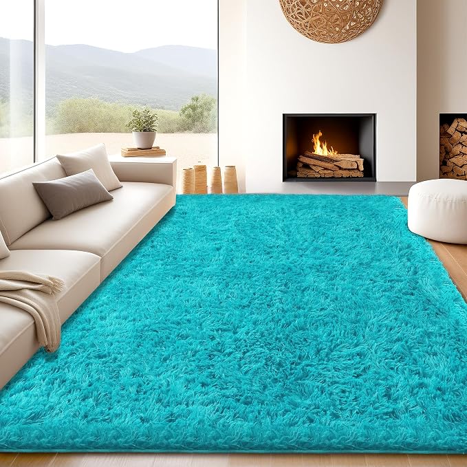 8x10 Teal Fluffy Shag Area Rugs for Living Room Bedroom Nursery | Ultra Soft Comfy, Large Fuzzy Shaggy Plush Carpet for Kids Boys Girls Teen Dorm, Modern Indoor Home Decor, Upgrade Non-Slip