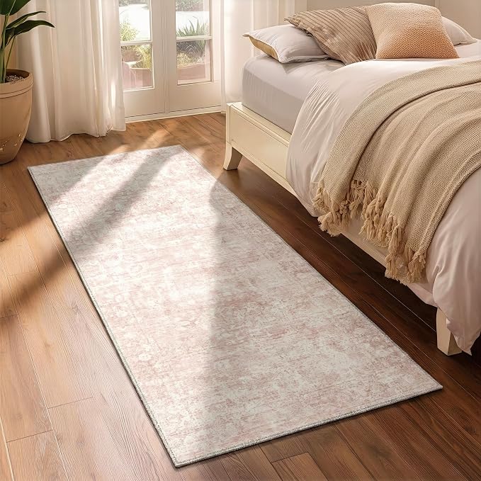 Homemate Washable Rug 2x6 Area Rugs - Vintage Faux Wool Rugs for Living Room Bedroom Dining Room - Non Slip Foldable Carpet Indoor Area Rug for Home Decor（2'x6', Pink