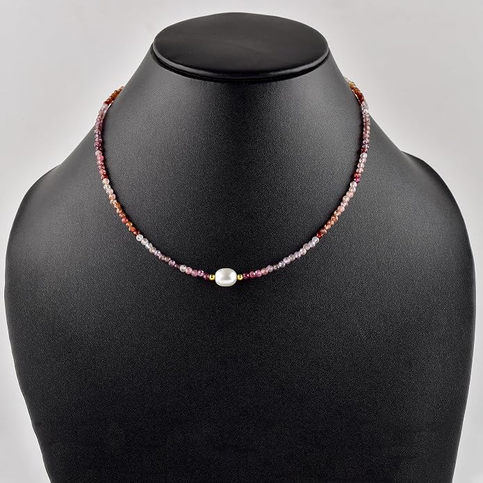 InfinityGemsArt Gemstone Gold Necklace For Women, Birthstone Natural Crystal Stone With Freshwater Pearl Beaded Jewelry, Gold Plated 18 Inch Chain