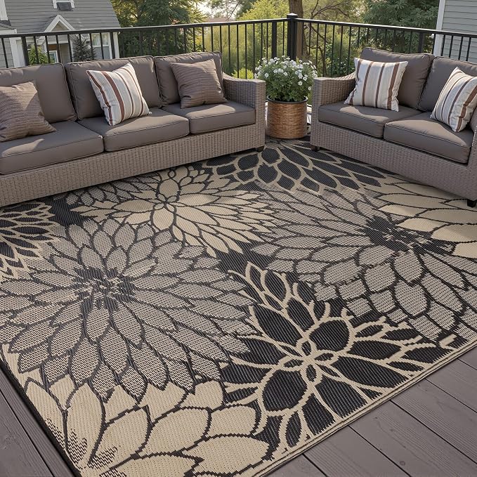 HUGEAR 8'x10' Outdoor Rug Waterproof Plastic Straw Rugs Large Brown Reversible Floral Mat Floor Carpet for Camping RV Deck Entryance Porch Picnic Balcony Beach Backyard