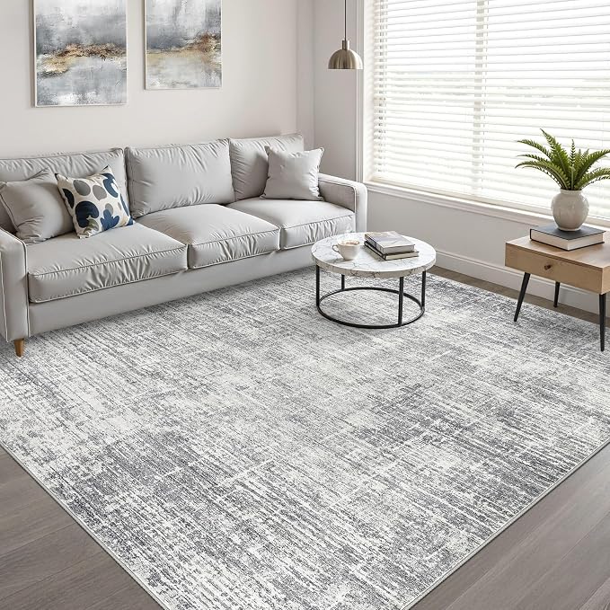9x12 Area Rug Living Room: Washable Large Neutral Grey Rugs Abstract Soft Modern Stain Resistant Indoor Floor Non-Slip Carpet for Bedroom Nursery Kids Office Playroom Dining Room Under Table Home
