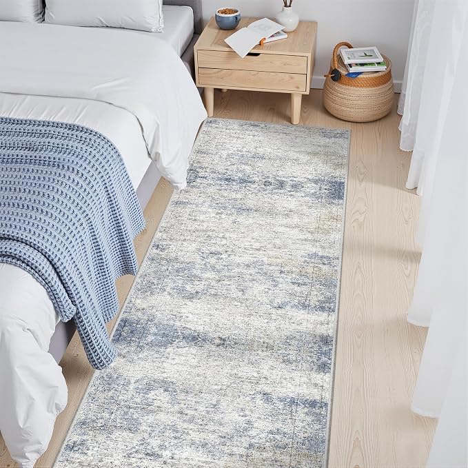 2x6 Runner Rug Non Slip,Washable Hallway Runner Rug,Blue | Neutral Rugs for Kitchen,Entryway,Bedroom,Bathroom,Nursery Room,Thin,Soft Runner Rug,Stain Resistant Indoor Carpet